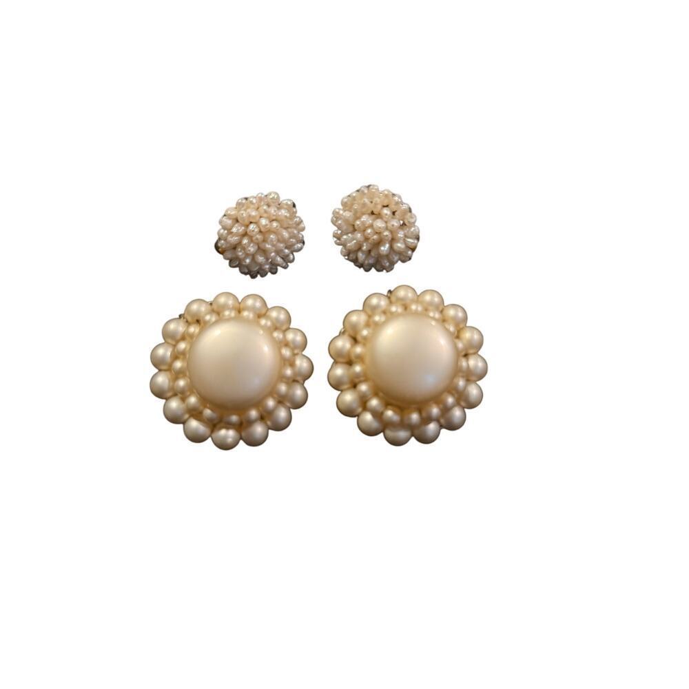 Vintage Cluster Faux Pearl Clip-On Earrings Two Pairs